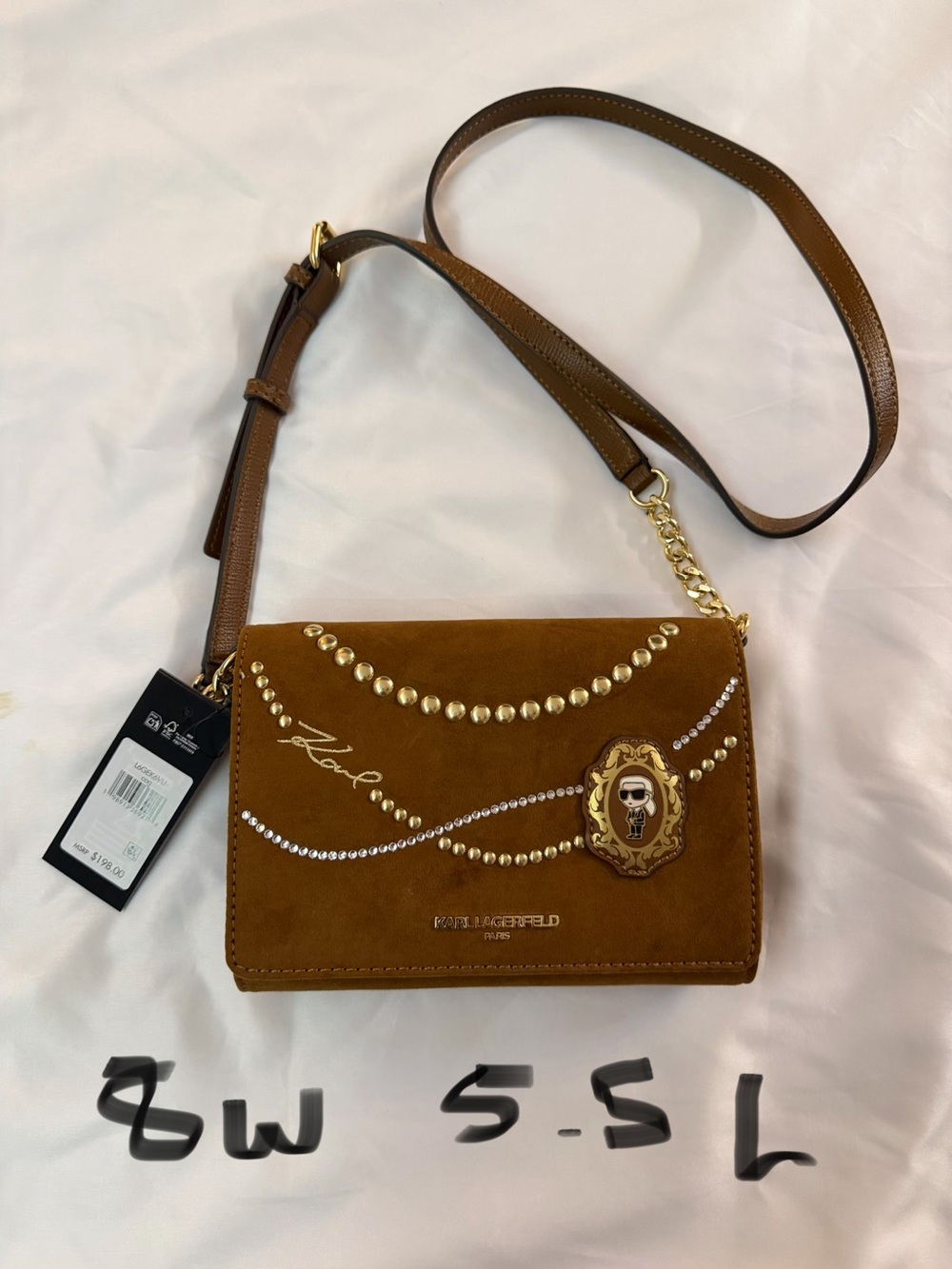Karl Lagerfeld Chestnut Brown Suede Crossbody with Gold Chain & Crystal Studs